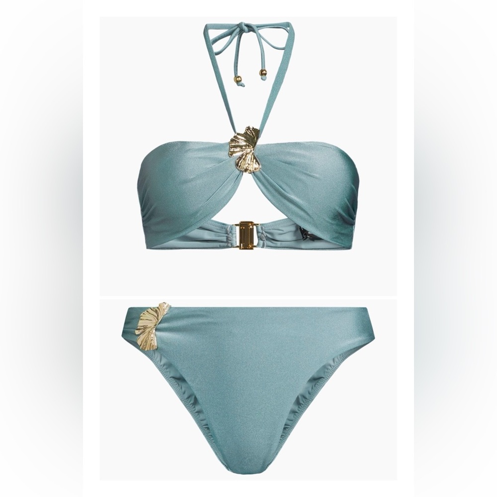 PatBO Seafoam Green Strapless Bikini Set with Gold Shell Accents 2pc NWT - Picture 5 of 9